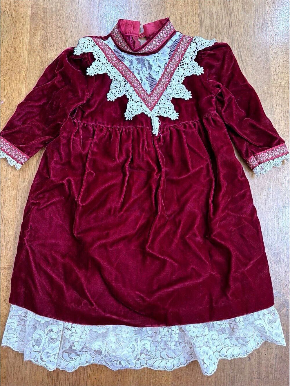 Vintage 80s Jessica McClintock Girls 2T Red Velvet Dress White Lace Holiday